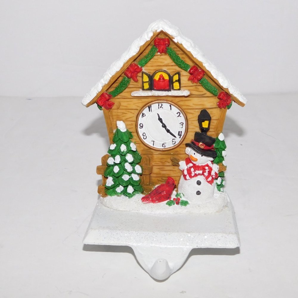 VTG Fireplace Mantel Stocking Holder Santa's Trim Shoppe Cuckoo Clock snowmam